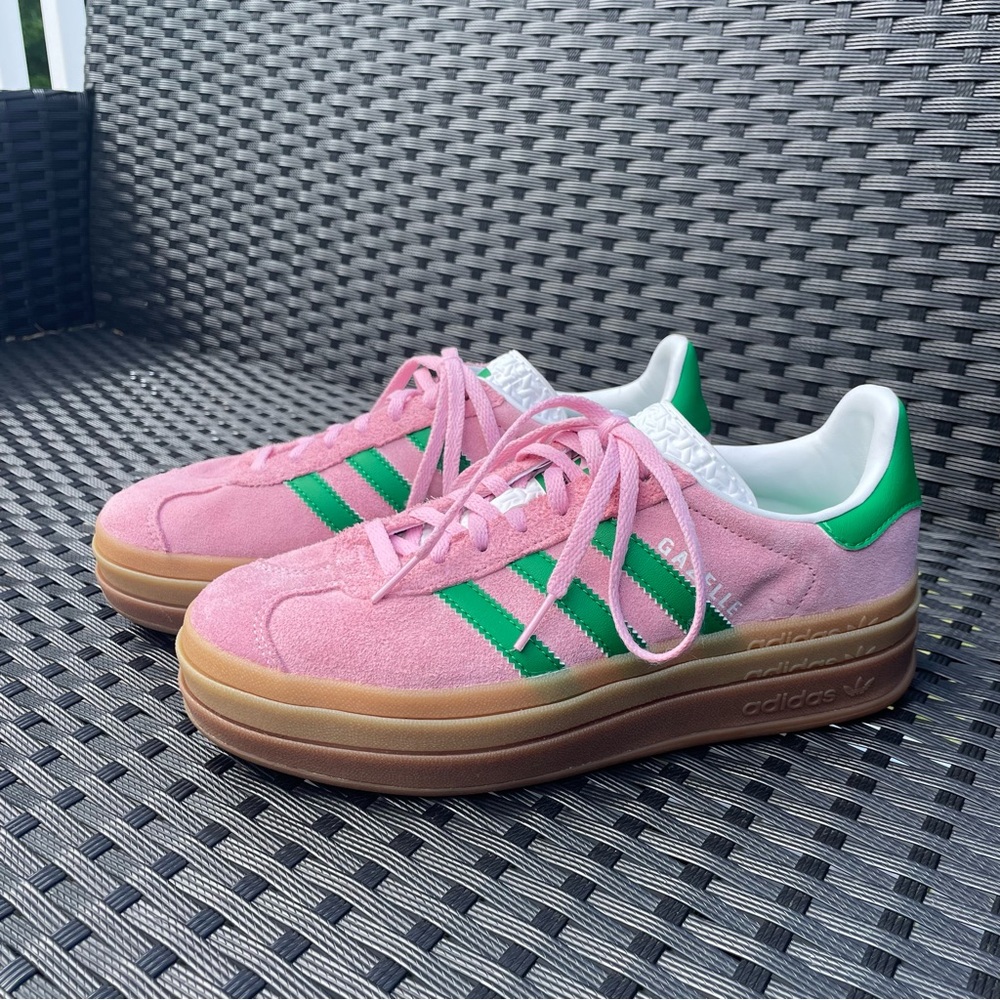adidas Pink Suede Sneakers with Green Stripes
